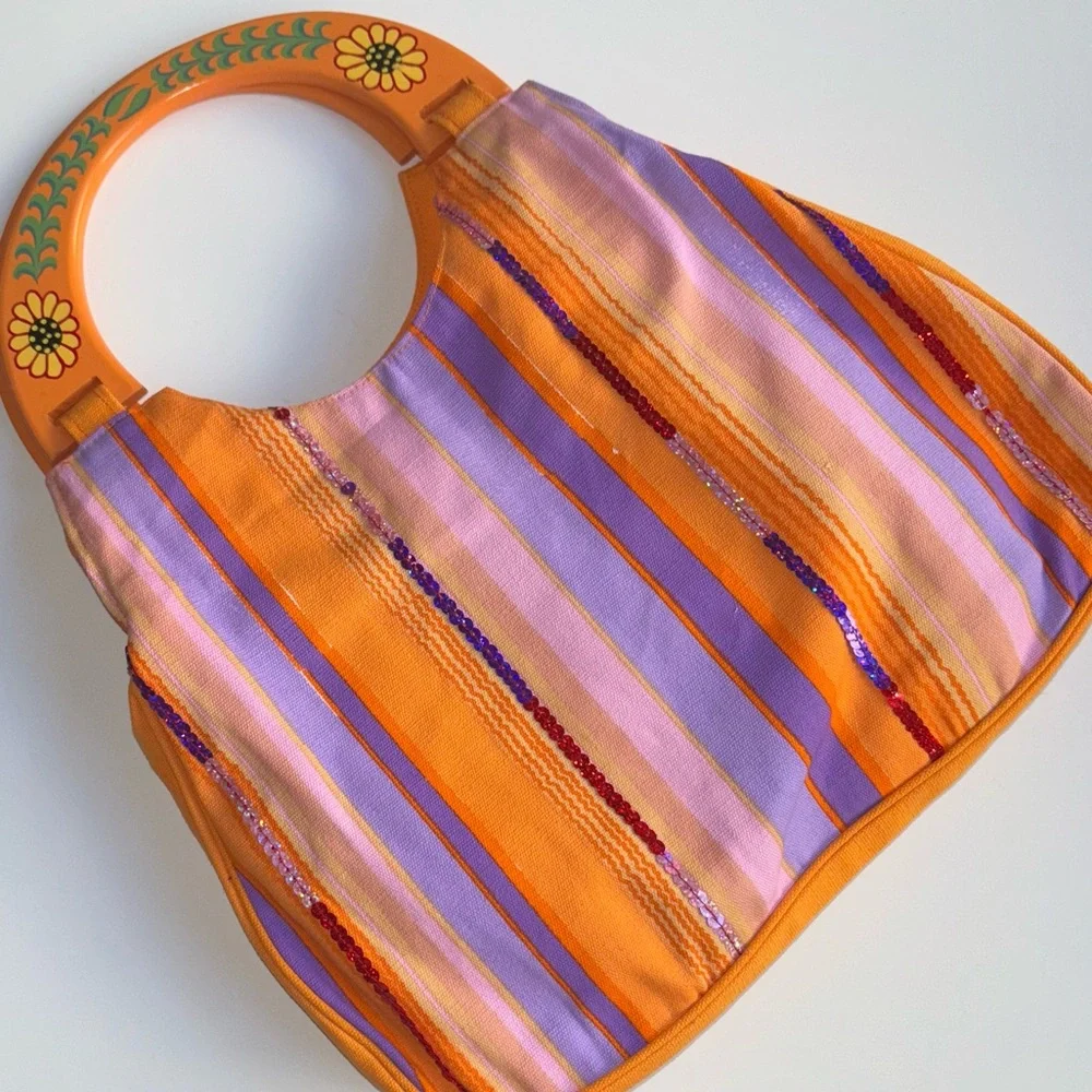 Hand-Painted Wooden Handle Boho Striped Bag - Picture 3 of 9